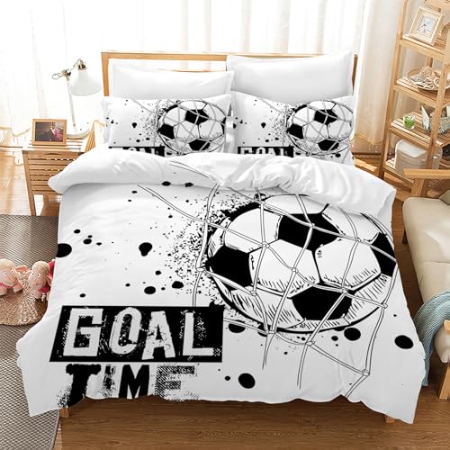 Gegeryozer Parure de lit pour enfant - Motif football 3D - 135 x 200 cm - En microfibre - Motif sport - Housse de couette pour enfant et 2 taies d'oreiller 50...