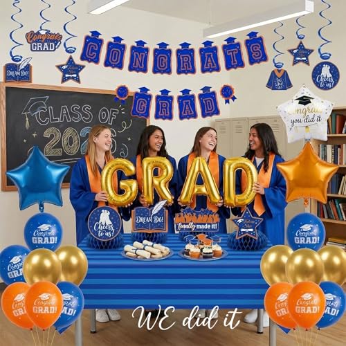 Image of Blue Orange Gold Balloons GRAD Print Balloons with Banner Table Honeycomb Centerpieces Hanging Swirl star GRAD Letters Mylar Balloons for 2026 graduate Prom Decorations