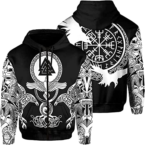 ALPTEC Felpe con cappuccio Viking Full Zip Norse Raven e Vegvisir Tattoo 3D Print Felpa con cappuccio Pullover Nordic Myth Runes Felpe con cappuccio (Color : Zip Hoodie, Size : XXL)