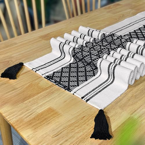 Drap de table noir 120x35cm en coton lin, serviette de table à thé bohème