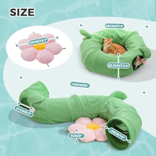 Image of PAWZ Road Cactus Cat Tunnel Collapsible Cat Donut Tunnel with Flower Bed | 38 inch diameter,2 tunnels & flower mat form Large cat tunnels Peephole & dangling balls for indoor adult cat