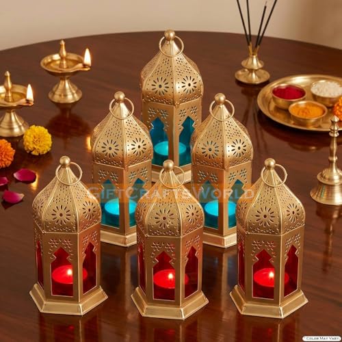Image of Moroccan Lanterns & Candle Holders for Home Decor - Unique Diwali & Christmas Gifts (Red - Blue, Set of 6)