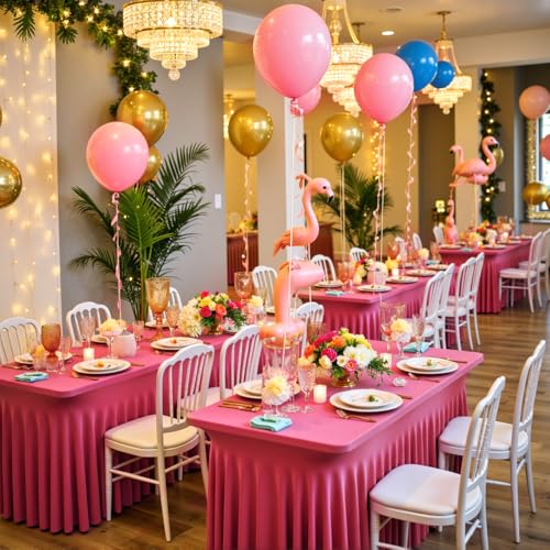 Image of Outpain 6ft Spandex Table Cloth for Standard Folding Tables-4Pack Hot Pink Table Cloth Table Protector for Party, Wedding, Cocktail, Banquet, Festival
