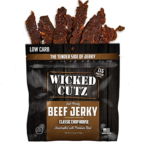 Image of Wicked Cutz Classic Chop House Beef Jerky, 33g Protein Per Bag, Tender & Easy to Chew Alternative to Beef Sticks, USA Made High Protein Carnivore Snacks (2 Bags)