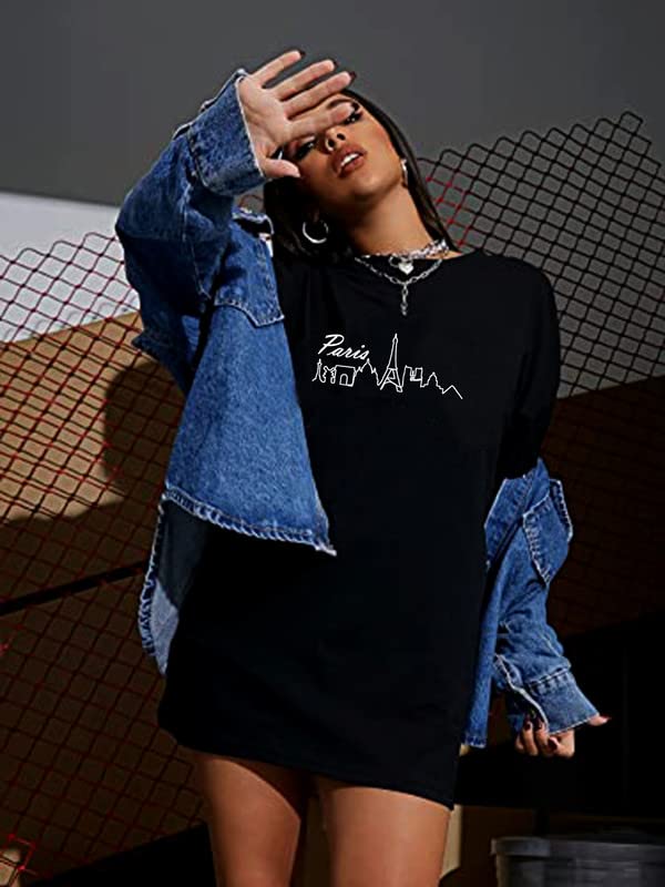 Image of FA Se Fashion Women Pure Cotton Casual Paris City Printed Baggy Oversized Round Neck Drop Shoulder Tshirt, Black, Size S to XL