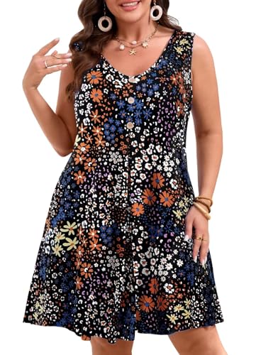 Image of JollieLovin Women Plus Size Summer Sundress Tank Sleeveless V Neck Beach Swing Dress Swimsuit Cover ups(L-5X)