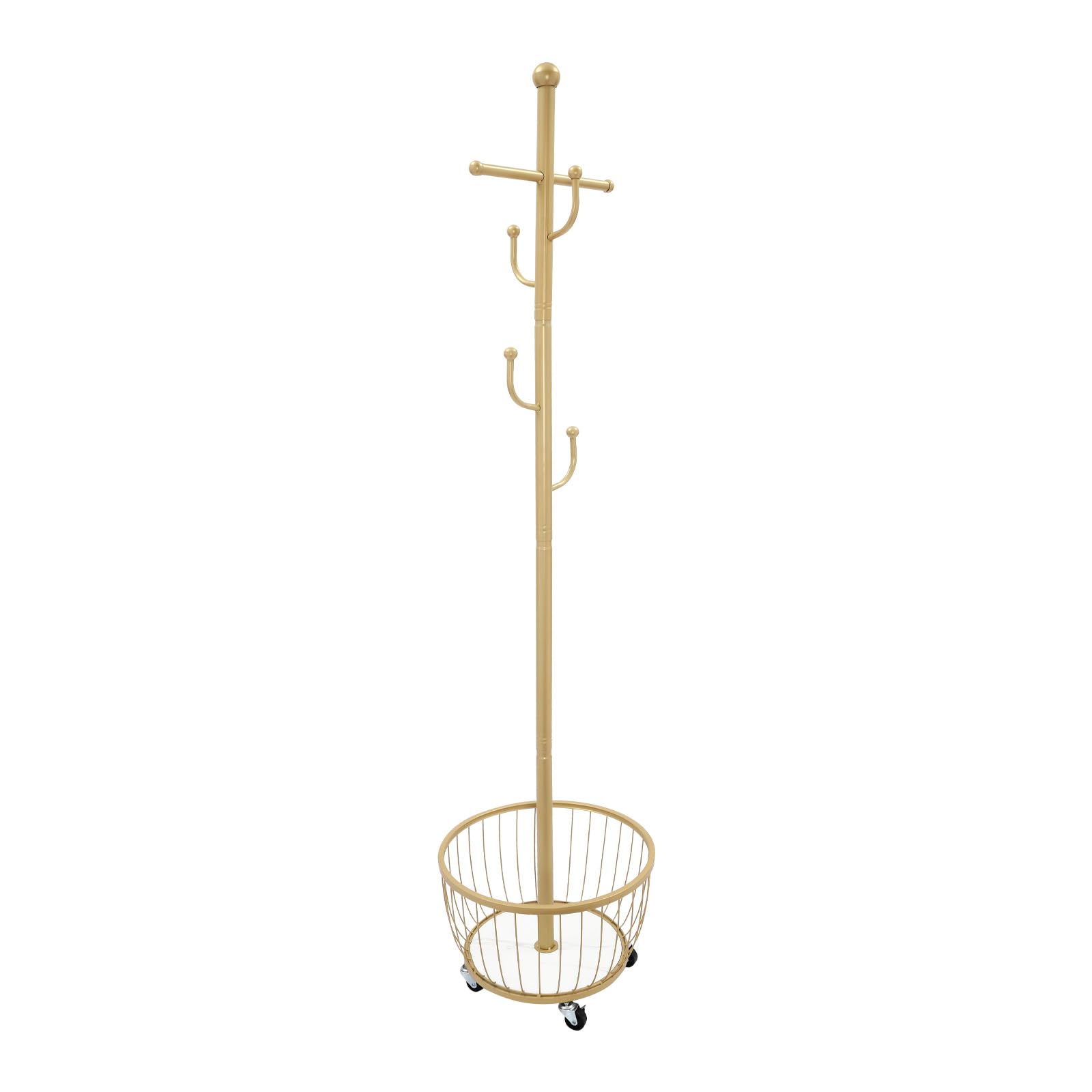 Perchero de entrada con cesta de almacenamiento, perchero de pie con rueda móvil para dormitorio, lavandería, entrada, color dorado