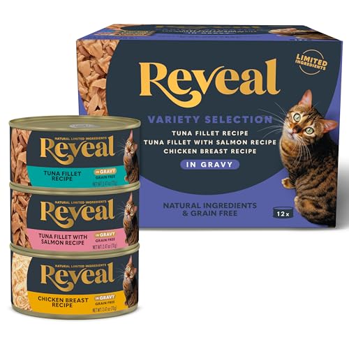 Reveal Natural Wet Canned Cat Food, Limited and Natural Ingredients, Grain Free, High Protein with No Artificial Additives, Fish and Chicken Variety in Gravy, (12 x 2.47 oz Cans)