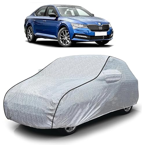 Image of Sulfar 100% Waterproof Car Body Cover Compatible with Mirror for Skoda Superb (Triple Stitched, Full Bottom Elastic, Magic Silver with Black Piping)