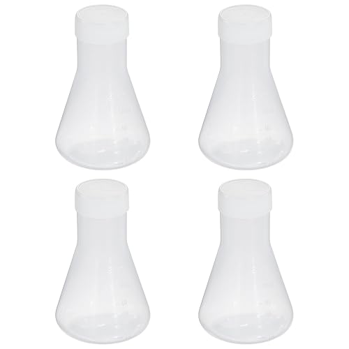 PATIKIL Erlenmeyer - Frasco de plástico de 1.7 fl oz con tapas de rosca, paquete de 4 frascos cónicos de boca estrecha para laboratorio, transparente