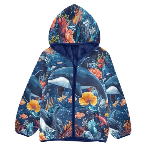 Ocean Life Dolphin Pattern Toddler Fleece Jacket Girl Boys Hooded Fleece Jacket Coat Warm Outwear Zip-up 3-10T