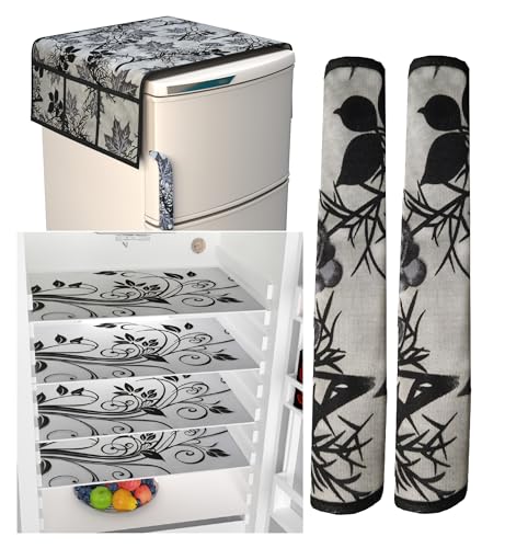 Image of Kitchen Combo Fridge Top Cover, 2 Piece Fridge Handle Cover, 4 Pcs Fridge Mats, (Set of 7 Piece) BLACK-BRANCH-142)