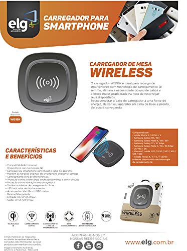 CARREGADOR WIRELESS DE MESA PARA CELULAR - TECNOLOGIA QI - PRETO - WQ1BK - ELG
