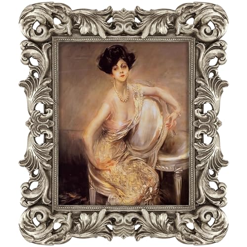 Image of Silver Picture Frame 8x10 Gothic Picture Frames Ornate Vintage | Real Glass, Wall or Tabletop Display, Fits 8x10 or 5x7 Photo with Mat