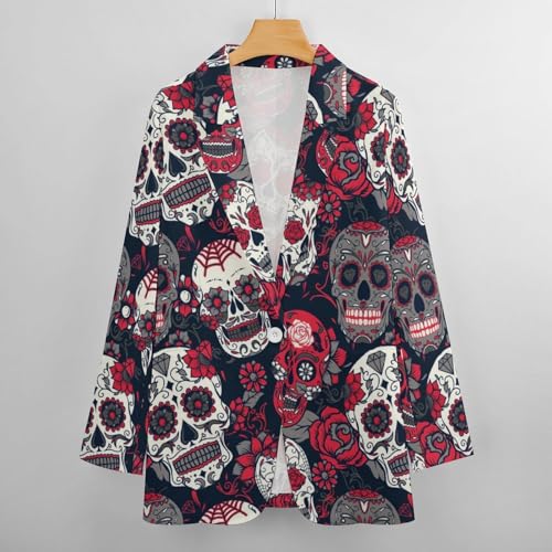 Day of The Dead Colorful Sugar Skull Blazers for Women Fashion Business Casual Office,Elegant Jacket Coat with Pockets2