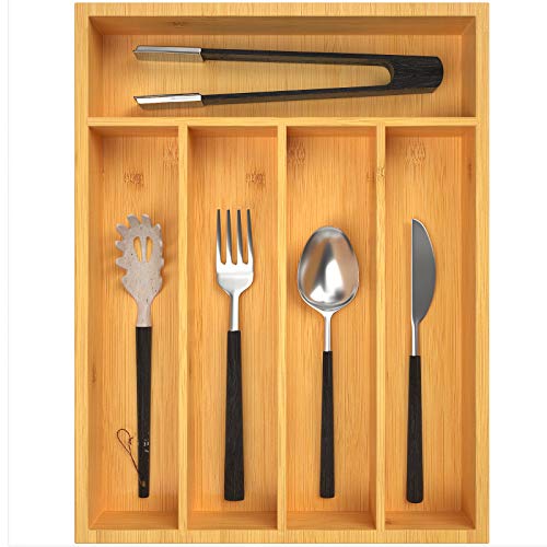 Kitchen Drawer Organizer 2 inch Deep Bamboo Silverware Tray for Drawer Small Cutlery Organizer with 5 Compartments Narrow Flatware Organizer for Spoons Forks Knives by FURNINXS Natural Color