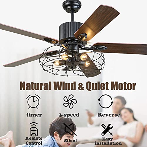 52" Farmhouse Caged Ceiling Fan With Light And Remote Control Rustic Industrial Chandelier Fan With 5 Reversible Wood Blades Black Retro Indoor Fandelier For Living Room Dining Room Bedroom #TOP2