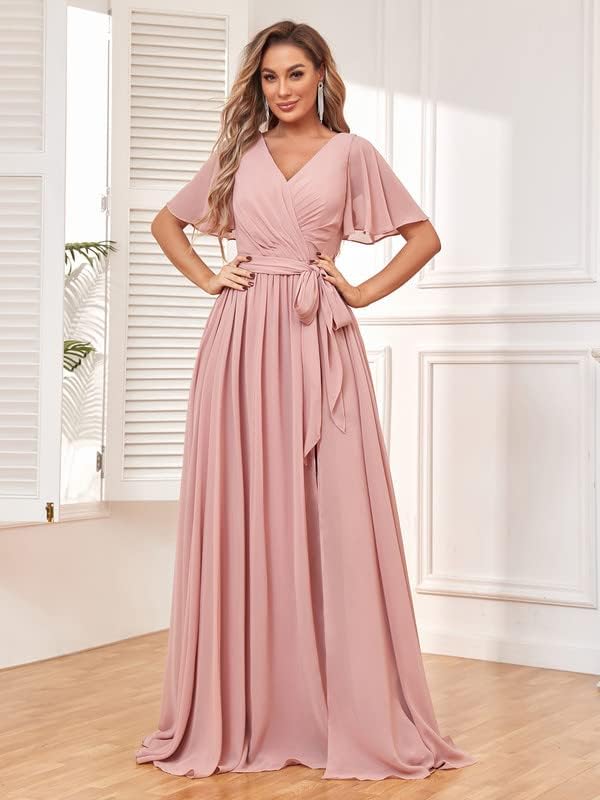 Miniatura 3 de Vestidos de dama de honor con cuello en V y mangas con vuelo, para boda, vestido largo de gasa formal con bolsillos