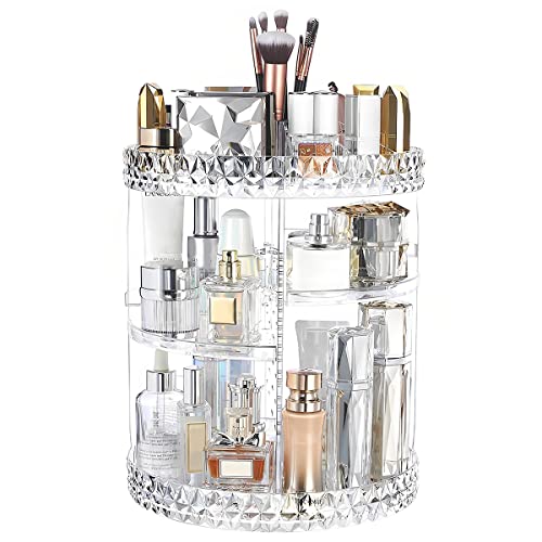 3 Tiers Rotating Makeup Organizer with Compartment 360° Rotating Makeup Stand Display Case Large Capacity Cosmetic Display Box Clear for Dresser Bathroom Skincare,Lipsticks,Makeup Brushes