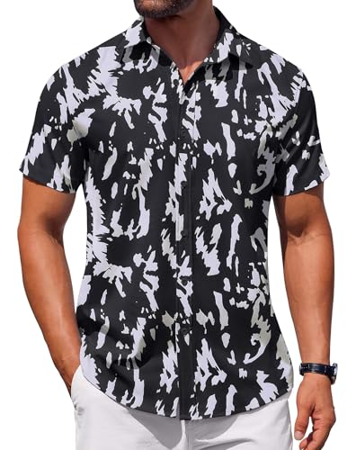 COOFANDY Men's Printed Shirt Button Down Shirt Short Sleeve Vintage Retro Shirt for Men Casual Shirt