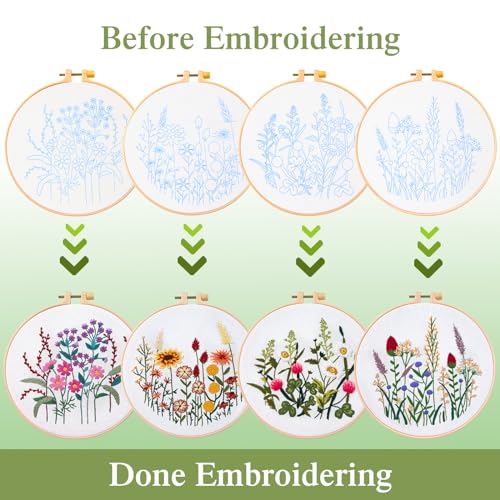 Image of Dremisland 4 Sets Embroidery Kit for Beginners Cross Stitch Kits for Adults with Cute Flowers and Plants Patterns Beginner Embroidery Kit for Adults Follow Instruction Video