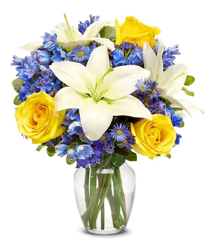 From-You-Flowers-Rosy-Sunshine-with-Glass-Vase-Fresh-Flowers-Birthday-Anniversary-Get-Well-Sympathy-Congratulations-Thank-You | Free Flower Delivery