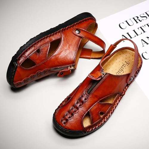 Summer Leather Sandals for Men Closed-Toe Outdoor Beach Shoes Anti-Slip Flat Slide with Arch Support for Everyday4