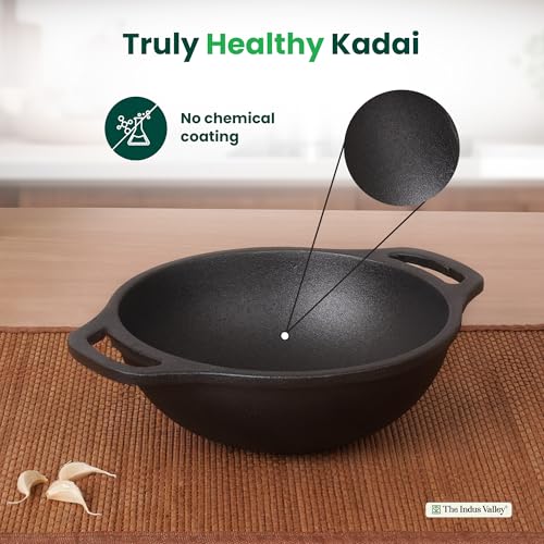 Image of The Indus Valley Premium Cast Iron Kadai with Flat Handles | Naturally Nonstick Kadhai, 100% Pure & Toxin-Free, Pre-Seasoned, No Chemical Coating (20.9cm - 8.2inch - 1.5ltr)