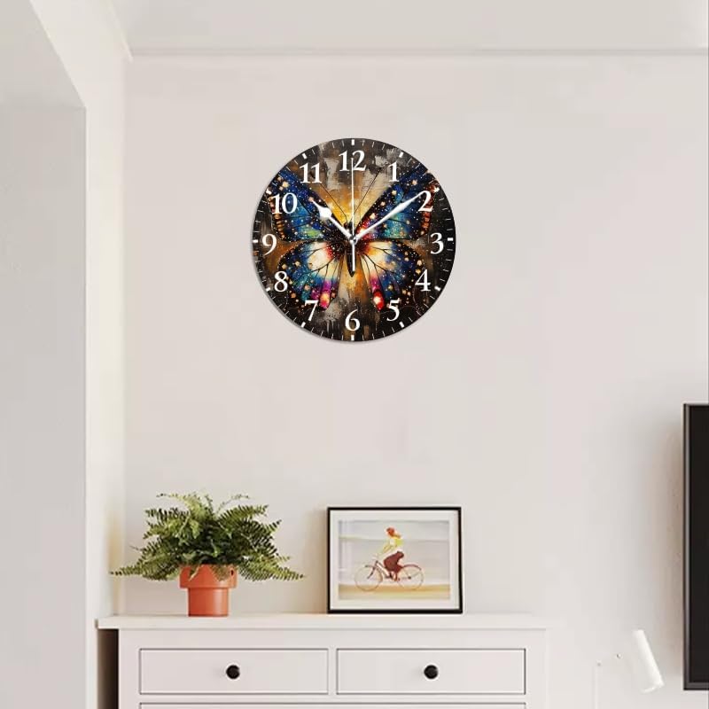 Battery Operated Round Wall Clock Non-Ticking Silent Analog Clcok Decorative for Living Room,Office,Kitchen-Butterfly in A Sparkling Setting(16inch)