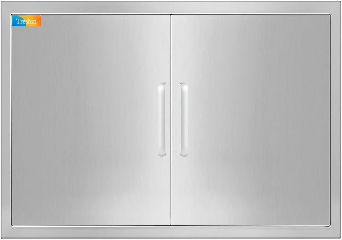 Treshin Outdoor Kitchen Doors 30" W x 21" H, Stainless Steel Double BBQ Access Door with Detachable Handles, Flush Mount, for BBQ Island, Grill Station, Outside Cabinet, Outdoor Kitchen