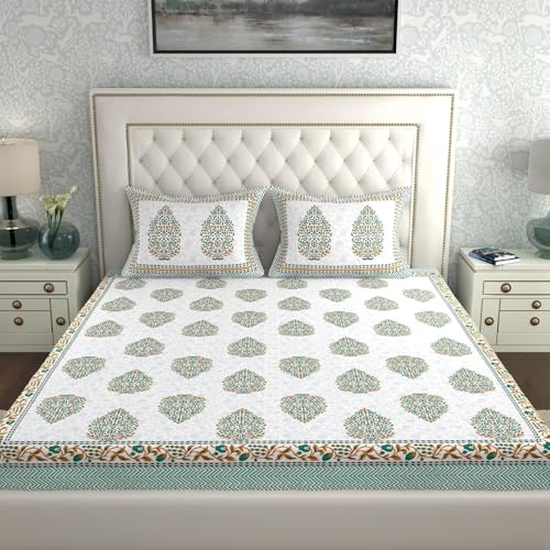 Image of La Verne 140 TC 100% Cotton King Size Jaipuri Rajasthani Print Bedsheet with 2 Pillow Covers