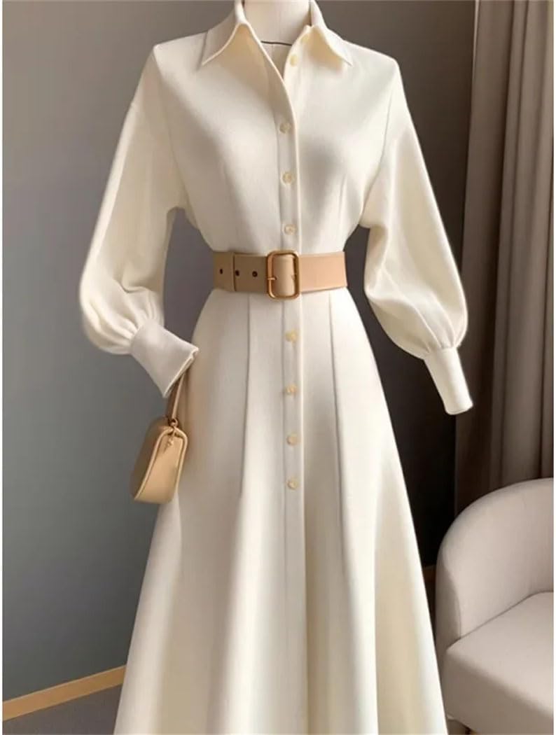 Women Fashion Commut White Dress Korean Style Fall Winter Waist-Fitted Slimming Shirt A-Line Skirt