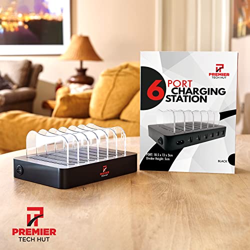 Multi Device Charging Station - 6 Port Usb Charging Station With Dividers & Blue Light Includes Lightning Cables, Micro Usb Cables & Usb C Cable - Compatible With Ipad, Tablet, Kindle, Iphone - Black #TOP6