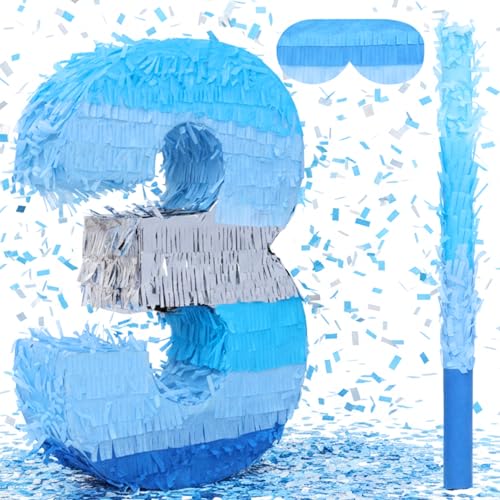 Birchio Number 3 Pinata Bundle with a Blindfold and Bat(16.2 x 10.7 x 4 Inches), Perfect for Boys and Girls Birthday Party Supplies, Blue Theme Birthday Decoration