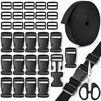 Amentalove Schnallen Gurtband Set 20mm, 10M Nylon Gurtband mit 15 Tri-Glide Slides Clip, 15 Flache Seite Release Schnallen und 1 Schere, Einstellbare Kunststoffschnalle for DIY Craft Rucksack Tasche