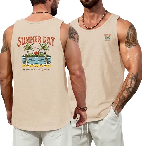 Image of VOGSTART Men Graphic Muscle Tank Top Beach 100 Cotton T-Shirt Beige Palm L | Design, Print, Casual, Summer, Vacation, Holiday, Surf, Hawaiian, Workout, Vintage, Tropical