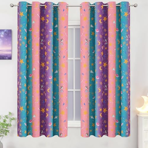Image of Pink Purple Teal Unicorn Blackout Curtains 63 Inch Length for Kids Bedroom | Estelar Textiler Rainbow Printed Room Darkening Grommet Drapes,Star Moon Curtains for Girls Room Nursery,52Wx63L,2 Panels