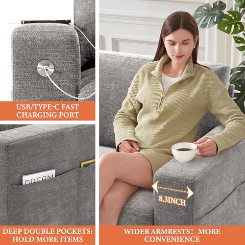 Image of Ihanherry Sofa 70 Inch Loveseat with USB /Type-C Charging Port & Side Pocket, Comfy Modern 2-Seats Sofa for Living Room & Bedroom, Removable Medium Firm Sofa Cushion, Breathable Chenille Fabric, Grey
