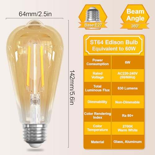 Ampoule Edison LED E27 6W ST64 blanc chaud 2700K équivalent 60W - 2