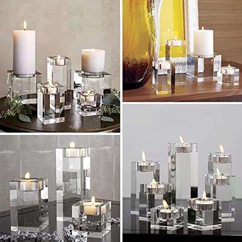 Sziqiqi 3-Piece Crystal Glass Candle Holder Set Crystal Candlelight Dinner Candle Holder Creative Ornament for Home, Dining Table and Bar, Square