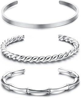 اساور للجنسين مصنوع من ستانلس ستيل مطلي بالذهب عيار 18 قيراط باللون الفضي/الذهبي، بتصميم بسيط مفتوح وعصري، قابل للتكديس، ملتف وناعم، عرض السوار 4 مم من فيروز جوليري . (فضي)