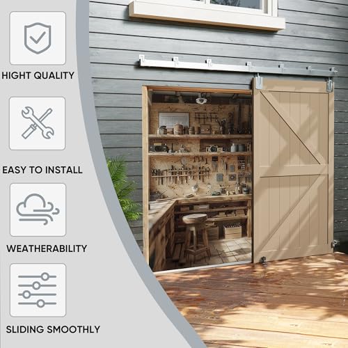 JUBEST 10FT Box Rail Exterior Barn Door Hardware Kit, Heavy-Duty Silver Sliding Barn Door Track System, Wall Mount Door Hardware Kits (Door Not Included) by JUBEST - Used condition - Image 2