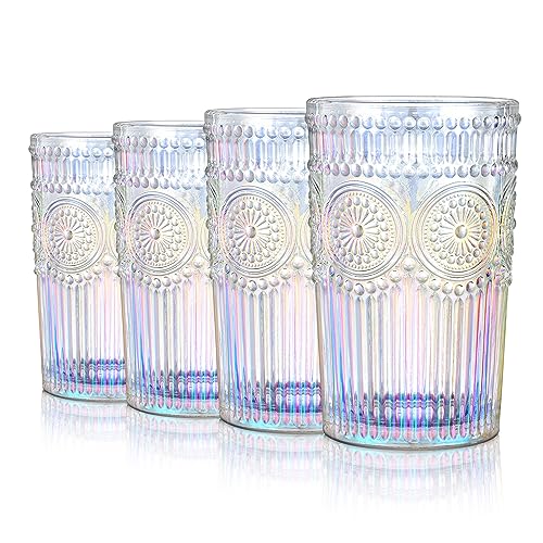 Joeyan Iridescent Drinking Glasses,Embossed Vintage Water Glass Cups,Colored Ribbed Highball Tumblers with Sunflower Pattern,Romantic Glassware Set for Beverages Cocktail Juice,12.5 oz,Set of 4