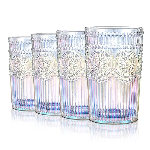 Joeyan Iridescent Drinking Glasses Embossed Vintage Water Glass Cups Colored Ribbed Highball Tumblers with Sunflower Pattern Romantic Glassware Set for Beverages Cocktail Juice 12.5 oz Set of 4