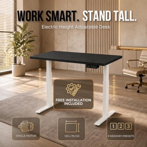 Image of Lite Series 120x75cm Electric Standing Desk with Black Tabletop | Adjustable Height Workstation | Anti-Collision | 3Memory Presets | Heavy-Duty Frame | Free Installation Included| White Frame