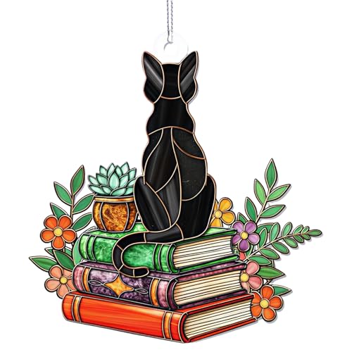 Image of Black Cat Reading Ornament, Acrylic Sun Catchers with Lanyard for Bookshelf and Window Decoration, Versatile Ornament for Home and Library, Black Cat Gifts, Thoughtful Book Gifts for Book Lovers