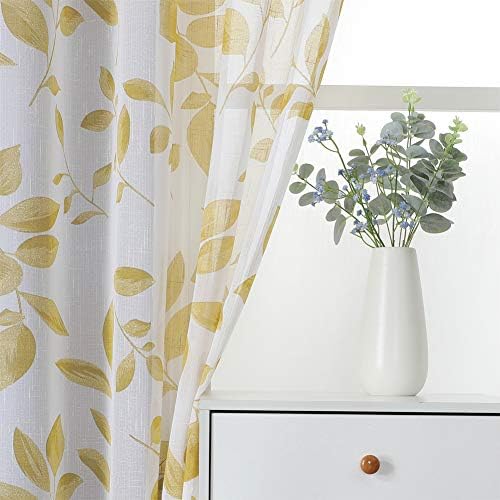 LinTimes Short Sheer Curtains, Leaf Embroidered Faux Textured Kitchen Tier Curtains Cafe Curtains Window Treatment Set, 26" x 45", Yellow, 2 Panels