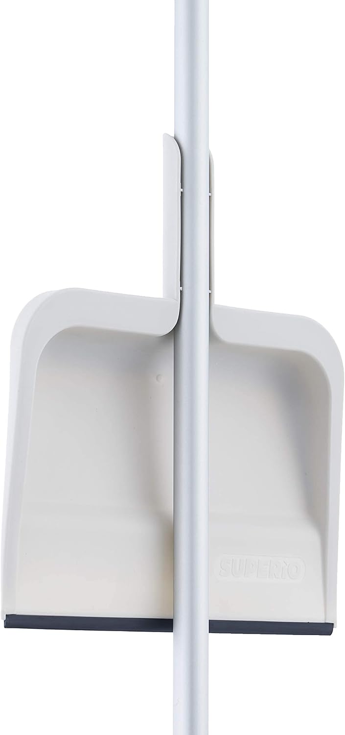 Superio Clip-On Dustpan with Rubber Lip - 10-inch Wide Durable Plastic Dust Pan with Comfort Grip Handle, White, 1-Pack