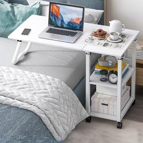 Mesa con Ruedas de Altura Ajustable, Escritorio De Almacenamiento, Estructura Robusta de Acero, Fácil de Montar, para Casa, Oficina, Lugar de Trabajo(White)