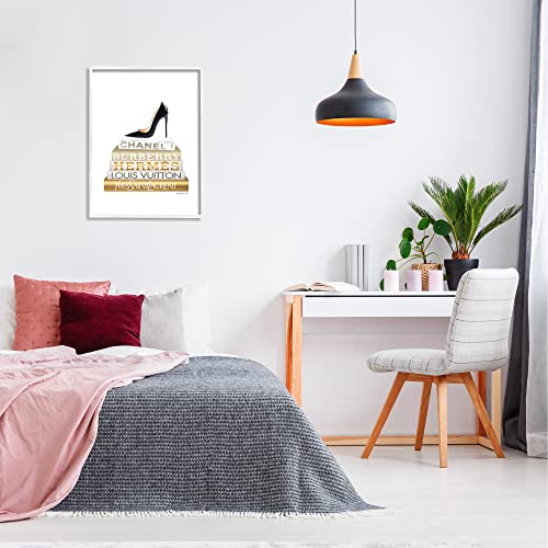 Image of Stupell Industries 'Black Heels Gold White Bookstack', Framed Giclee Art, White, 24 x 30 Inches, Easy to Hang and Sturdy, Made in USA, by Amanda Greenwood | Stupell Industries | White, 24 x 30 Inches, Easy to Hang and Sturdy, Made in USA, by Amanda Greenwood